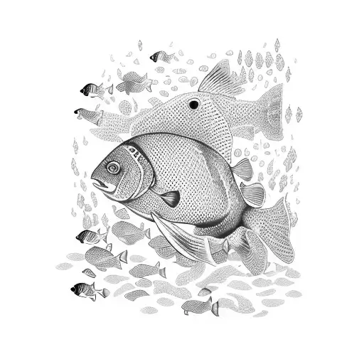 A scuba diver swimming alongside a school of colorful fish in a church underwater tattoo design idea