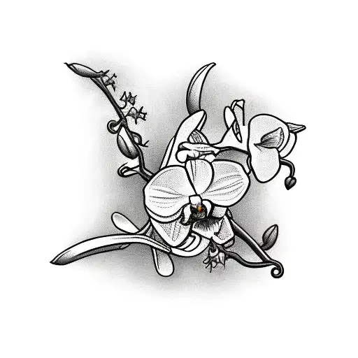 orchid on stem with Roman numerals 77 in WWE font  tattoo design idea