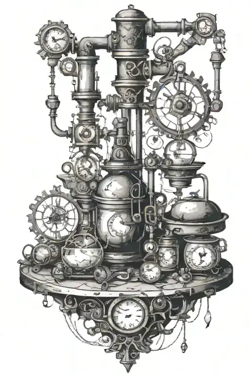 I would like you to create an image for me, I want an alchemy station, with a steampunk style influence. I need tattoo design idea