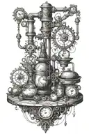 I would like you to create an image for me, I want an alchemy station, with a steampunk style influence. I need tattoo design idea