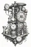 I would like you to create an image for me, I want an alchemy station, with a steampunk style influence. I need tattoo design idea