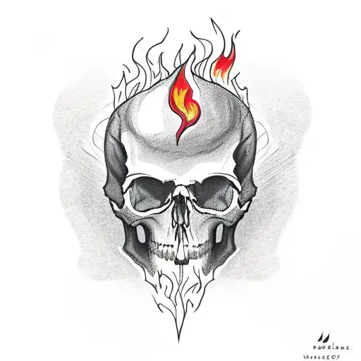 hand holding skull with flames tattoo design idea