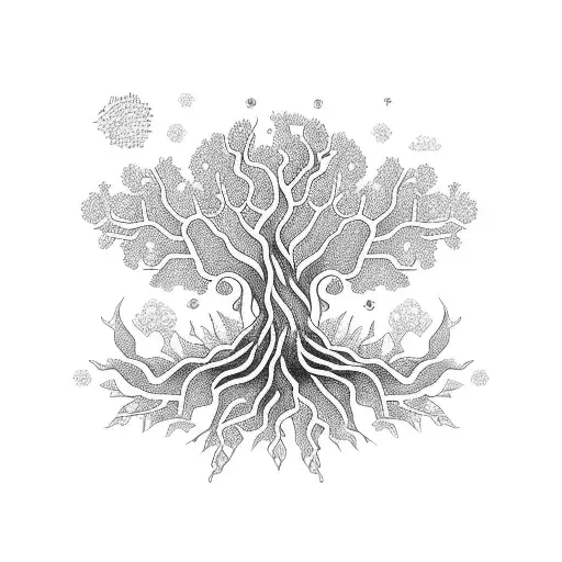 A sleeve tattoo featuring a strong tree with roots that spell out the words 'Never give up', surrounded by intricate floral patterns. tattoo design idea
