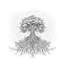 A sleeve tattoo featuring a strong tree with roots that spell out the words 'Never give up', surrounded by intricate floral patterns. tattoo design idea