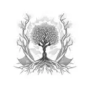A sleeve tattoo featuring a strong tree with roots that spell out the words 'Never give up', surrounded by intricate floral patterns. tattoo design idea