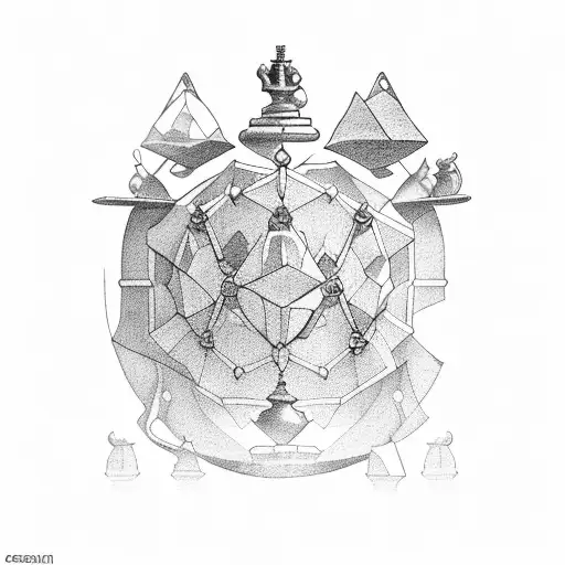 A mystical library with floating chess pieces, depicting the balance between strategy and knowledge. tattoo design idea