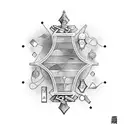 A mystical library with floating chess pieces, depicting the balance between strategy and knowledge. tattoo design idea
