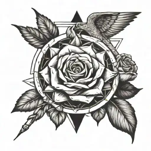 Geometric tattoo with icarus vetruvian me overthinking snake and a rose round the forearm tattoo design idea