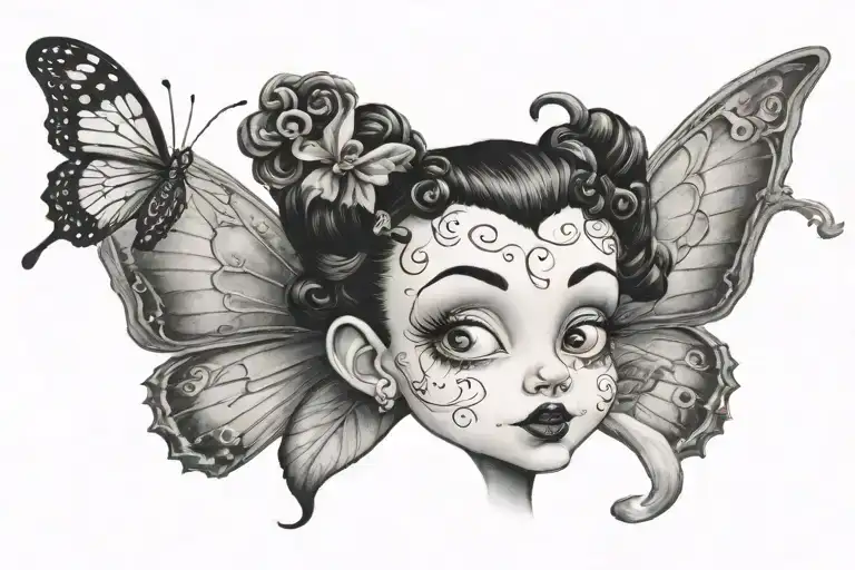 A realistic portrait of Betty Boop with intricate butterfly details, placed as a tramp stamp for a subtle yet striking design tattoo design idea