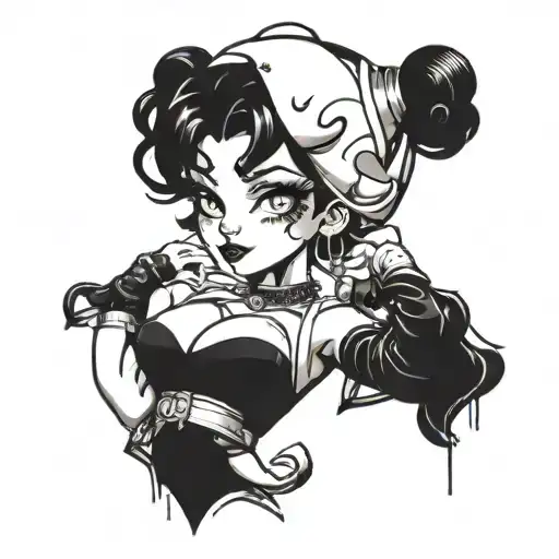 A modern and edgy Betty Boop portrait with a twist, incorporating elements of blackwork style for a bold and striking look tattoo design idea