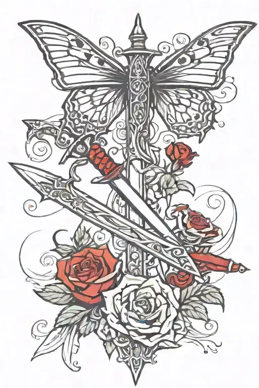 two butterflys around a sword with a red diamond in the swords handle and a red swirl coming from the diamond into rose tattoo design idea