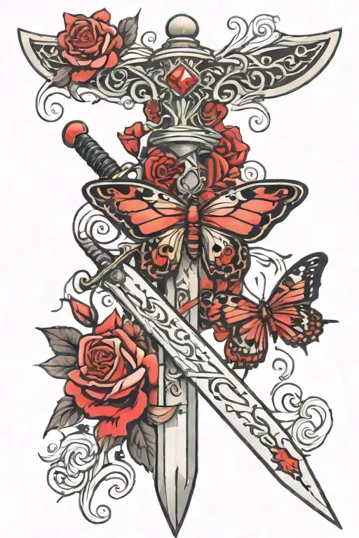 cute butterflys around a sword with a red diamond in the handle with a red swirl going down the sword into red roses  tattoo design idea