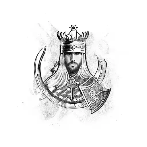 Viking queen surrounded by checkered flag which is also a chess board with a king chess piece tattoo design idea