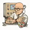 a bald computer programmer in front of pc  tattoo design idea