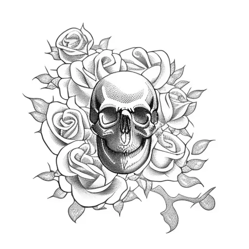 A skull intertwined with roses and thorns, with a Christian cross in the background tattoo design idea
