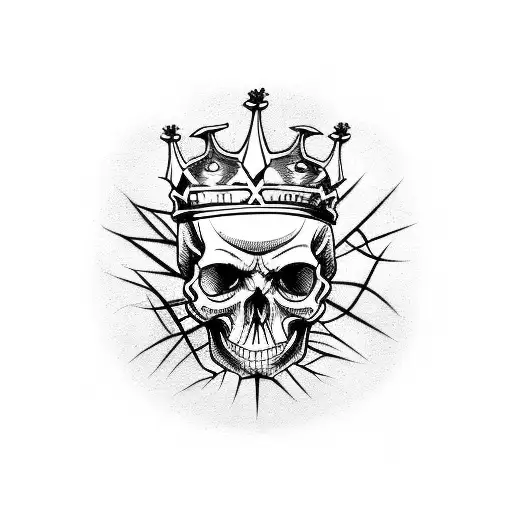 A sinister-looking skull with a crown of thorns and a satanic cross on its forehead, surrounded by musical notes and brewing tools tattoo design idea