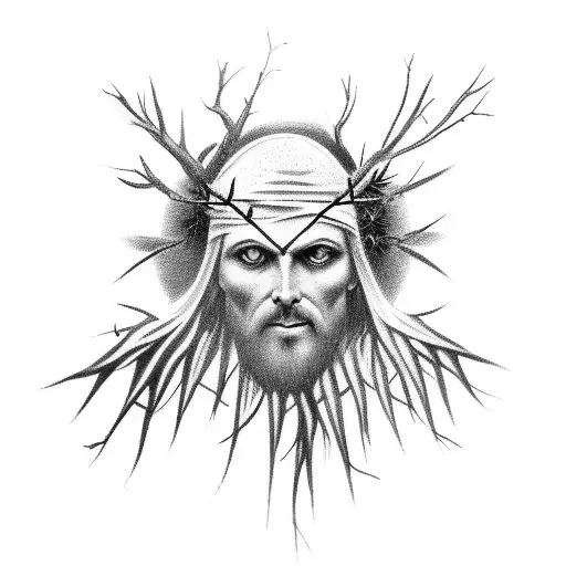 The Antichrist with a halo in the branches with thorns and sacrifice tattoo design idea