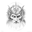 The Antichrist with a halo in the branches with thorns and sacrifice tattoo design idea