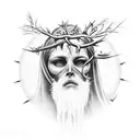 The Antichrist with a halo in the branches with thorns and sacrifice tattoo design idea