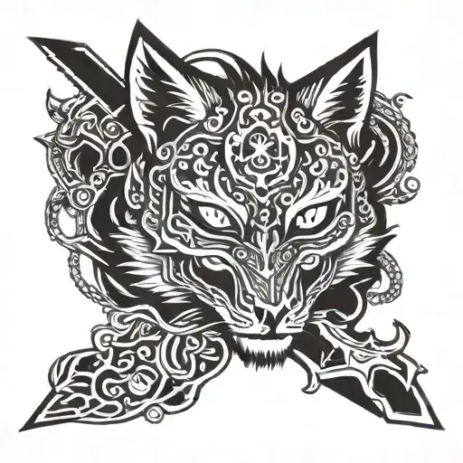 Kunai knife rips apart Japanese fox mask tattoo design idea