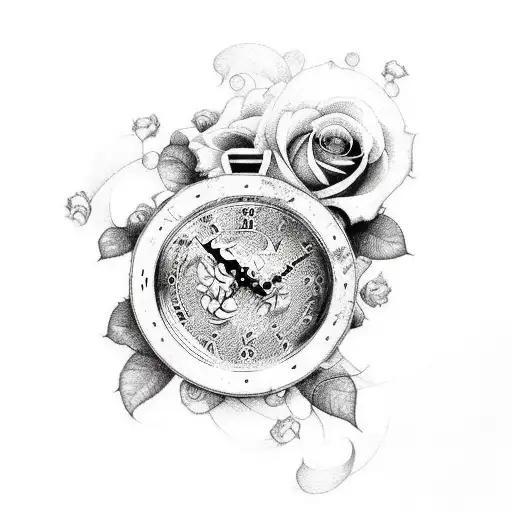 cross a clock and roses that have the names Sandra and the other with the name Armando as well as clouds around fading tattoo design idea