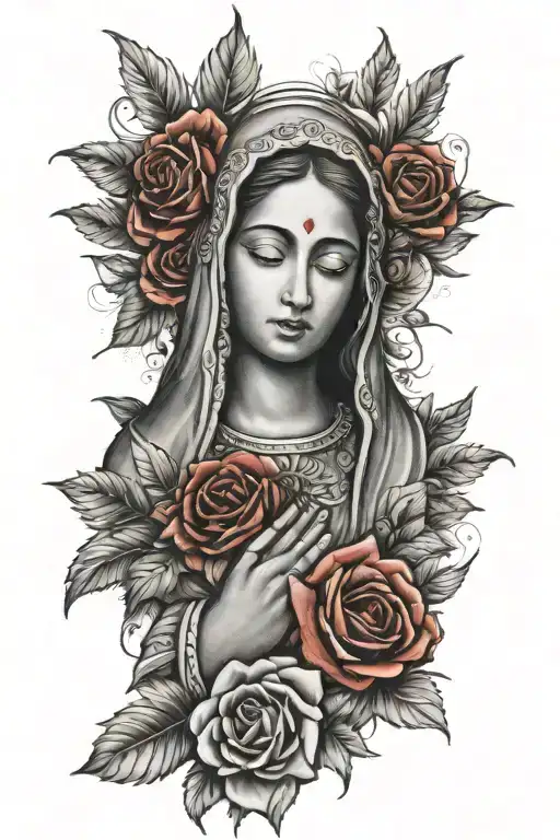 Rosa de Guadalupe surrounded by a vibrant and roses with praying hands tattoo design idea