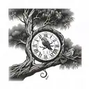 willow tree, religion, broken clock, two birds, waining crescent moon, arm sleeve tattoo design idea