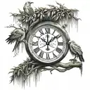 willow tree, religion, broken clock, two birds, waining crescent moon, arm sleeve tattoo design idea