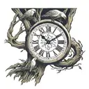 willow tree, religion, broken clock, two birds, waining crescent moon, arm sleeve tattoo design idea