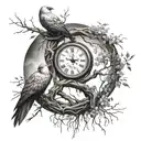 willow tree, religion, broken clock, two birds, waining crescent moon tattoo design idea