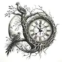 willow tree, religion, broken clock, two birds, waining crescent moon tattoo design idea
