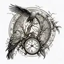 willow tree, religion, broken clock, two birds, waining crescent moon tattoo design idea