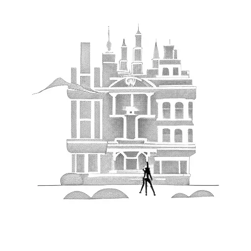A silhouette of a DJ mixing music with a historic building in the background tattoo design idea