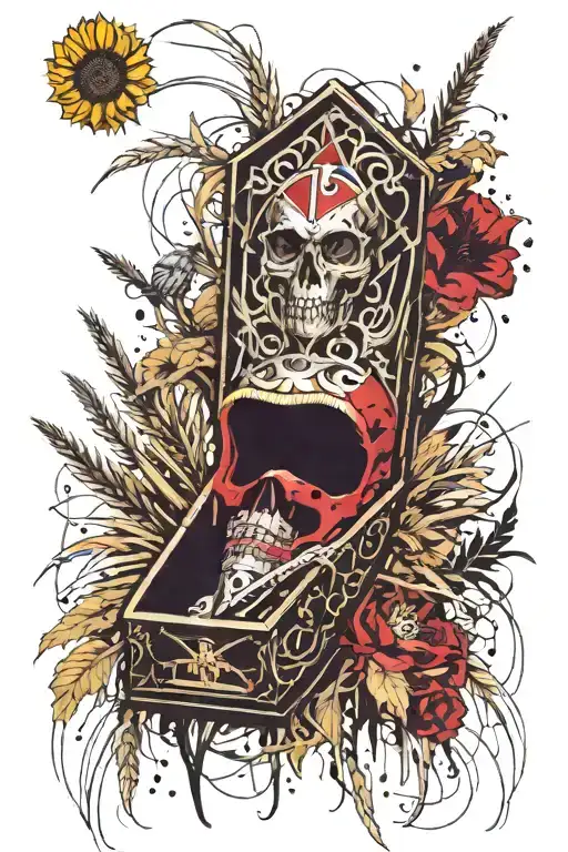 slightly open coffin with a sickle behind it, wheat and sunflower background tattoo design idea