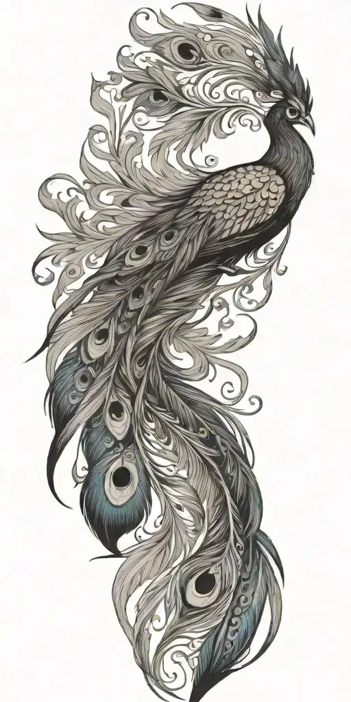 phoenix bird flying peacock feather tail tattoo design idea