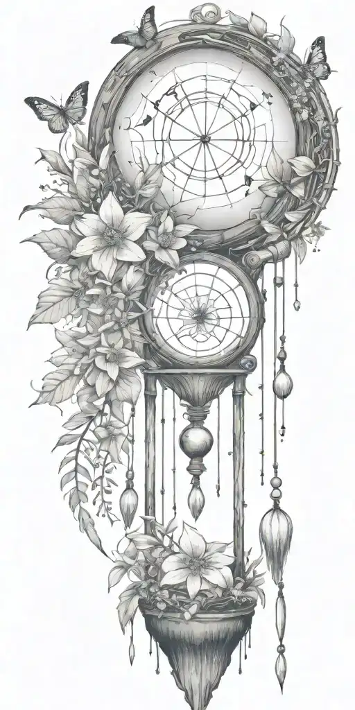 An hourglass moon dream catcher filled with lilies and butterflies Queen Anne's lace  nature tears broken depressed tattoo design idea