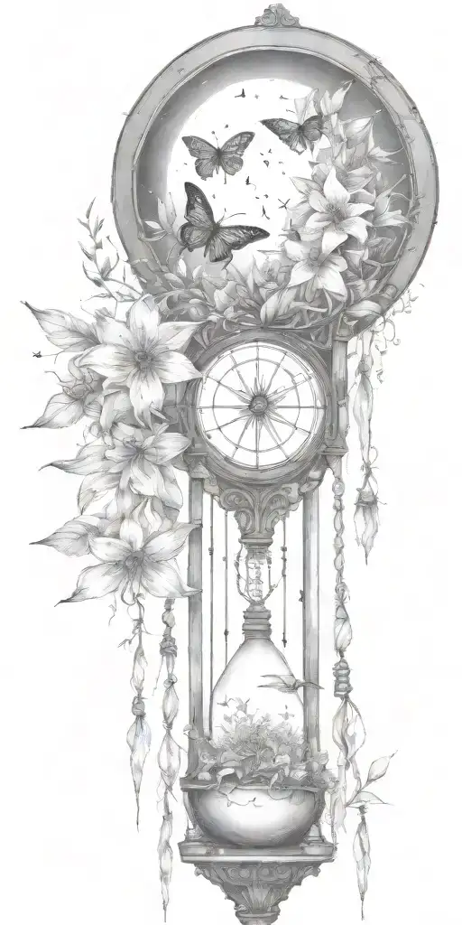 An hourglass moon dream catcher filled with lilies and dragonflies Queen Anne's lace  nature tears broken depressed tattoo design idea