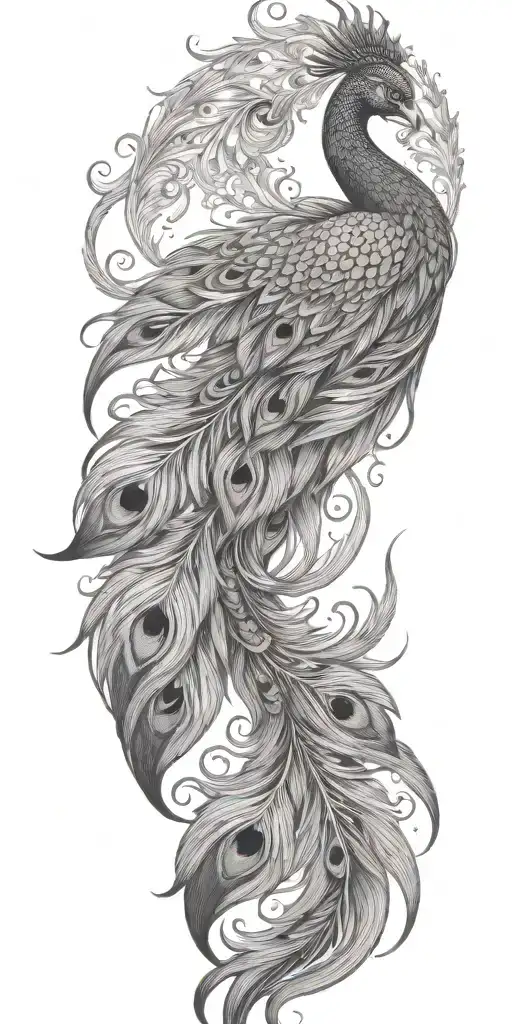 Phoenix, bird wings spread peacock feather tail tattoo design idea