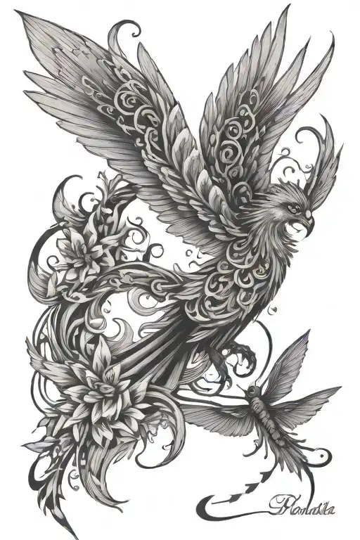 Phoenix bird with a tail and dragonflies flying tattoo design idea
