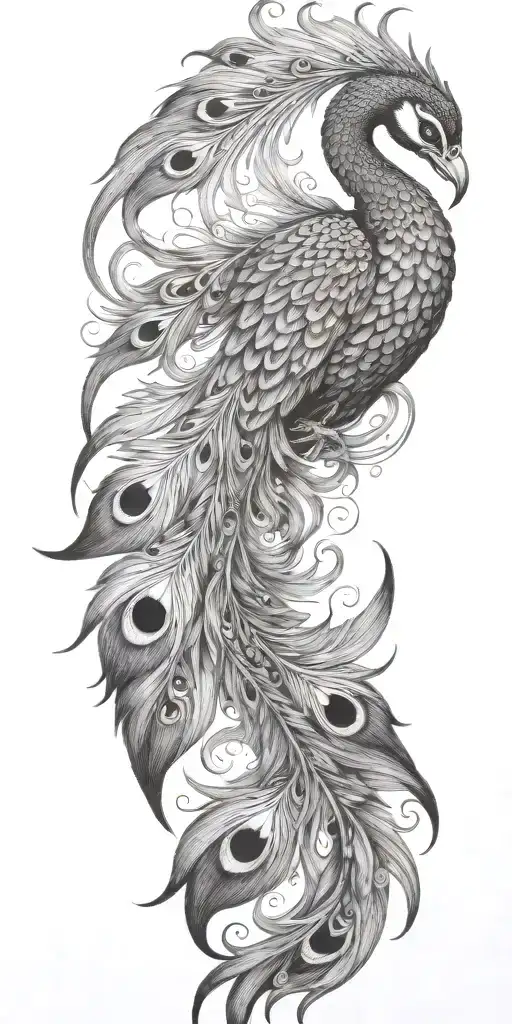 phoenix bird wings spread peacock feather tail tattoo design idea