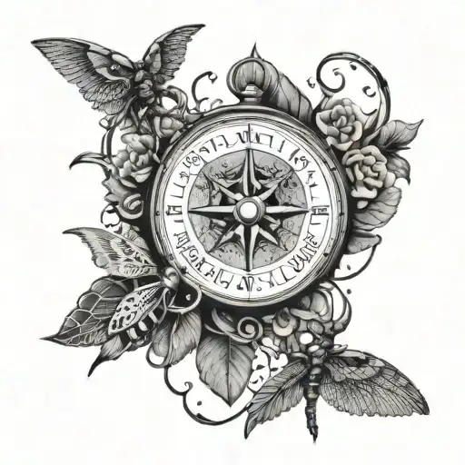 A compass surrounded by turtle shells and dragonfly wings tattoo design idea