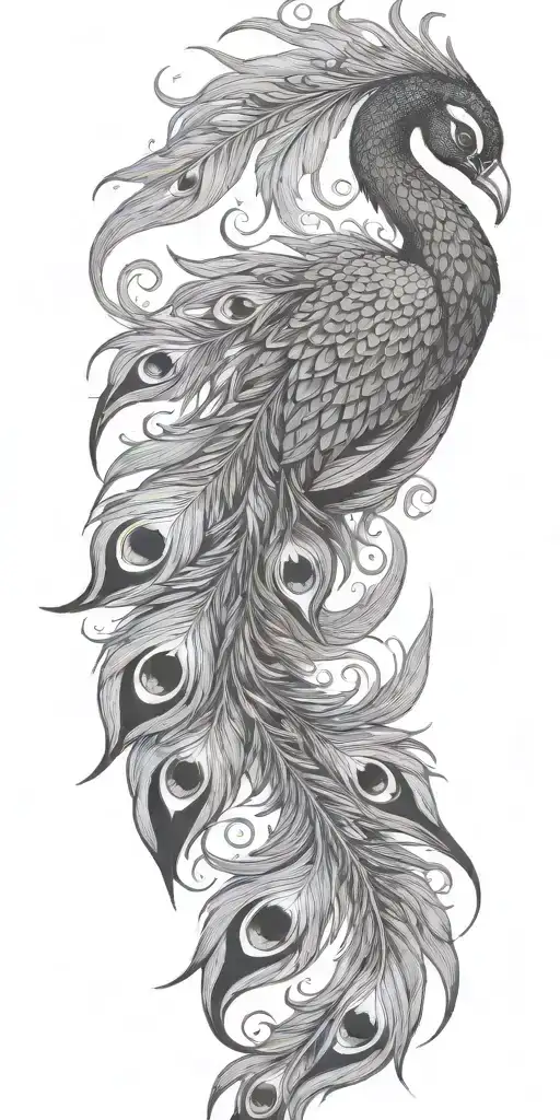 phoenix bird flying peacock feather tail tattoo design idea