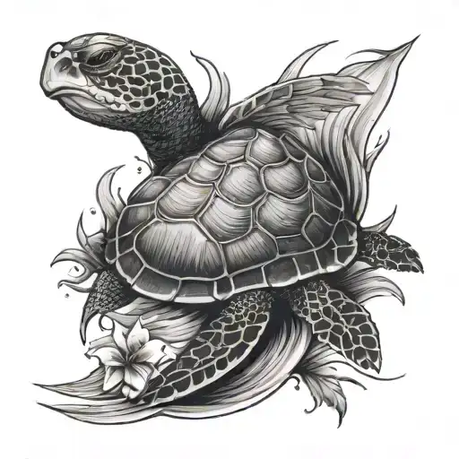 A turtle surfing on a wave with dragonfly wings for a lover of the ocean and mystical creatures tattoo design idea