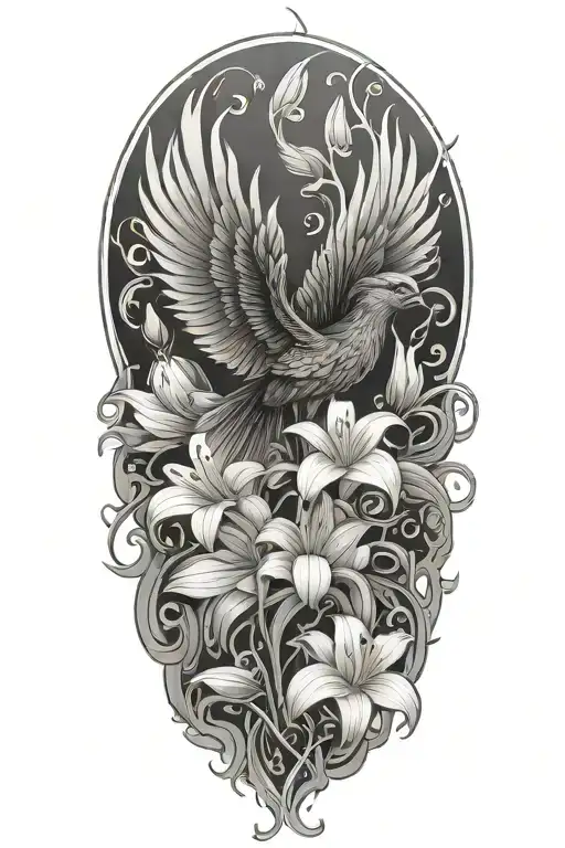 phoenix bird and lilies tattoo design idea