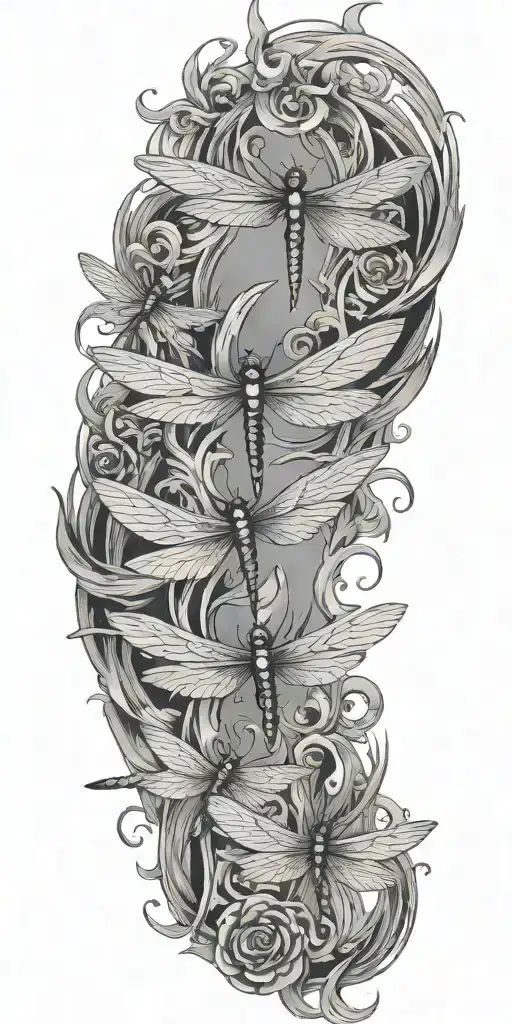 Dragonflies flying around a phoenix rising  tattoo design idea