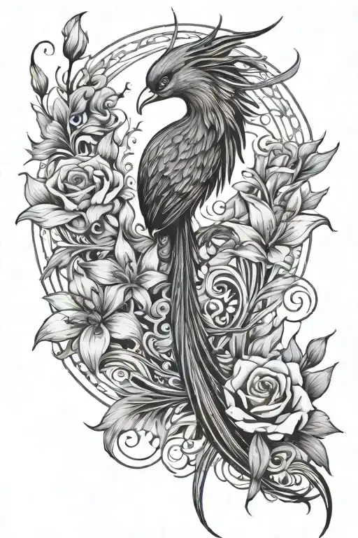 Phoenix bird with a long tail and in the tail are lilies, roses, and dragonflies tattoo design idea