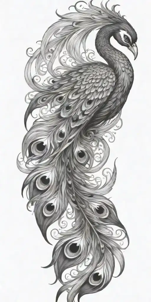 phoenix bird flying peacock feather tail tattoo design idea