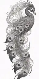 Phoenix, bird wings spread peacock feather tail tattoo design idea