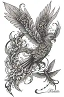 Phoenix bird with a tail and dragonflies flying tattoo design idea