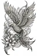 Phoenix bird with a tail and dragonflies flying tattoo design idea